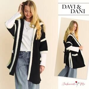Davi & Dani Fuzzy Trim Short Sleeves Loose Fit Pocket Belted Open Front Cardigan